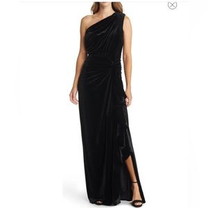 Tadashi Shoji one shoulder velvet ruffle gown